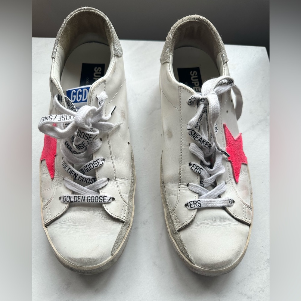 Golden Goose Superstar Sneaker in White, Lobster Fluorescent, Ice, & Silver